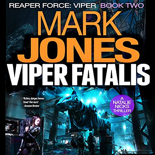 Armed woman hiding from a giant robotic panther under the title Mark Jones Viper Fatalis