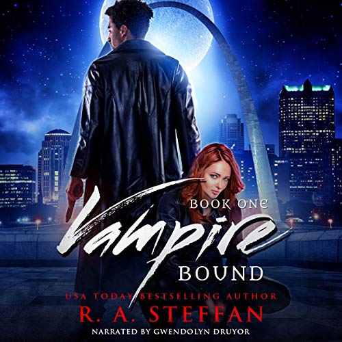 Standing Black man in black leather duster, kneeling white redhead under the title Vampire Bound Book one